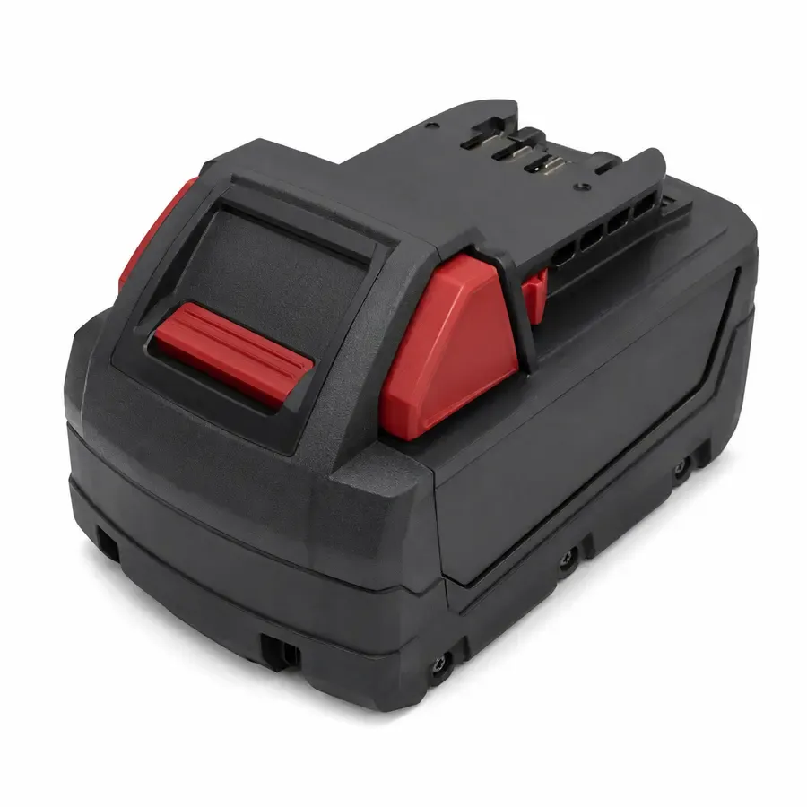 Milwaukee M18-compatible slide-on replacement battery pack, front three-quarter view